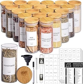 Laramaid 4oz 20Pack Spice Jars with Minimalist Spice Labels, Round Jar Canisters with Polished Bamboo Lids, Adjustable Measuring Spoon, Black Pen, Cleaning Brush & Collapsible Silicone Funnel