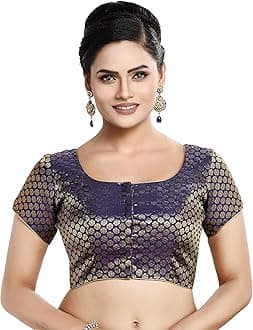 Madhu Fashion Women's Short Sleeves Banaras Brocade Readymade Saree Blouse