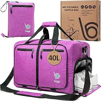 Bago Compact Duffle Bag for Travel Women & Men. Durable Lightweight Foldable Travel Duffel Bags For Traveling Women. 40L Duffle Bags a Reliable Weekender duffel or Overnight Bag With Shoe Compartment