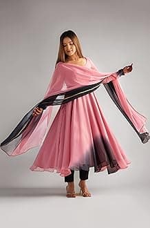 GoSriKi Women's Georgette Anarkali Kurta Set with Dupatta | Elegant Pink Ethnic Dress | Flared Long Kurti for Festive