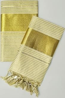 Women's Kerala Traditional Flora Tissue Kasavu Set Mundu With Tassels 2.00x2.80 Meters