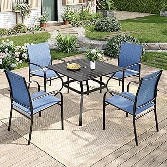 MIXPATIO 5 Pieces Patio Table and Chairs Set, 4 Person Outdoor Dining Furniture Set, 4 Blue Textilene Chairs and 37" Square Metal Table with Umbrella Hole, for Deck Backyard Lawn