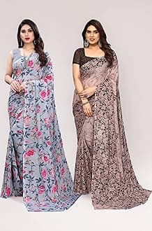 Women's Georgette Printed Saree With Unstitched Blouse Piece Combo Pack Of 2