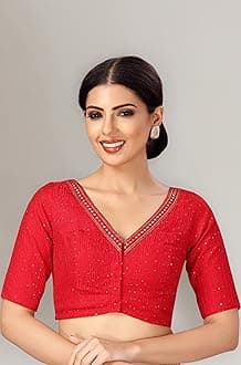 Studio Shringaar Women's Readymade Polyester Elbow Length Sleeves Saree Blouse with Mirror Work