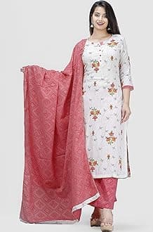 MEERA FAB Women Pink Cotton Printed Kurta with Palazzo & Dupatta Set