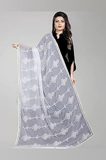 AKSHAR LLC Women's Designer Pure Chiffon Dupatta with Pure Cotton Thread Embroidery Work