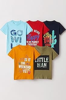 T2F Boy's Cotton Printed Regular Fit T-Shirt(Pack of 5)