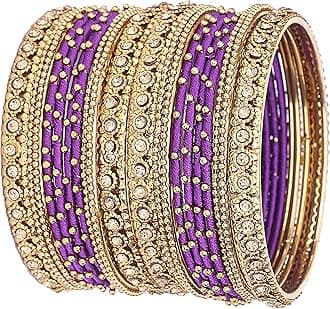 NMII Metal with Golden Zircon Gemstone & Silk Thread Studded worked Ball Chain Linked Stylish Bangle Set For Women and Girls