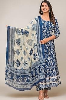 Women's Cotton Printed Anarkali Kurta with Palazzo & Dupatta Set with Dori