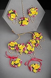ZENEME Jewellery Flowers Jewellery Set For Haldi Gota Patti Necklace, Earrings, Bracelet & Maang Tika for Women & Girls (Mehandi/Haldi/Wedding/Bridal/Baby Shower)