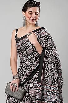 SAREE MALL Women's Ajrak Block Print Dola Silk Saree With Unstitched Blouse Piece