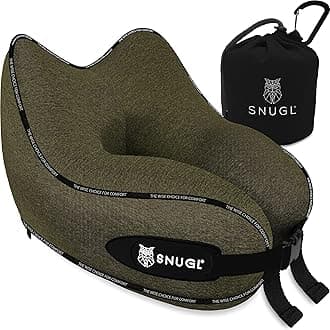 SNUGLSNUGL Travel Pillow - Memory Foam Neck Cushion - Flight Pillow | Support Neck Pillow for Travel | Travel Neck Pillow for Airplane with Carry Bag & Clip | Flying Travel Essentials (Olive - Regular)