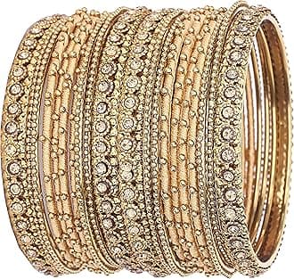 NMII Metal with Golden Zircon Gemstone & Silk Thread Studded worked Ball Chain Linked Stylish Bangle Set For Women and Girls, 2.6, Metal, Zircon Gemstone