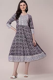 MIRCHI FASHION Women's Cotton Relaxed Fit A Line Sequins Embroidery Work Foil Printed A-Line Kurti Only