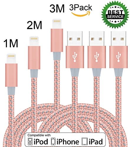 Xinfaxin iPhone Cable 3Pack 3FT 6FT 10 FT Lightning Cable Nylon Braided for iPhone SE, 7, 7 plus, 6s, 6s plus, 6plus, 6, 5s 5c 5, iPad Mini, Air, iPad 5, iPod on iOS9 (Rose gold & gray)