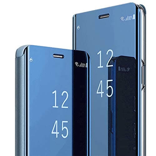 Mirror Case Compatible with Galaxy A10 A30 A50 Slim Flip Stand Translucent Clear View Electroplate Plating Smart Hard Cover (Blue, Galaxy A50)