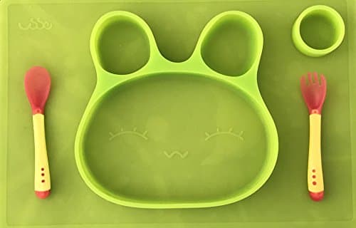 Moms Trust Silicone Placemat Compartment Plate with Silicone Spoon Fork for Babies and Toddlers - Portable Non Slip Meal Prep for Kids that Suctions to Tables Bunny Shape (Green)