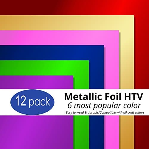 Metallic Heat Transfer Vinyl 12 Sheets Bundle 6 Color and 2 Sheets Each Color-Best Iron On HTV Vinyl for Silhouette Cameo, Heat Press & Cricut Machines (Gloss Green,Purple,Pink,Blue,red, Gold)