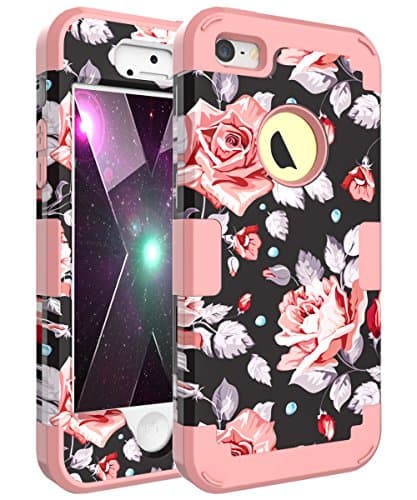 OBBCase iPhone SE Case,iPhone 5S Case,iPhone 5 Case,Three Layer Heavy Duty Hybrid Sturdy Armor High Impact Resistant Protective Cover Case For iPhone SE/5S/5 Rose Flower/Rose Gold