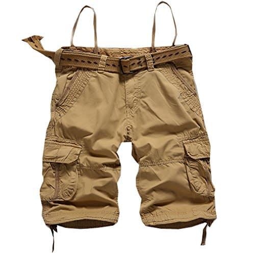 Men's Casual Concise Style Loose Leg Multi-Pocket Solid Shorts Earth Yellow 36