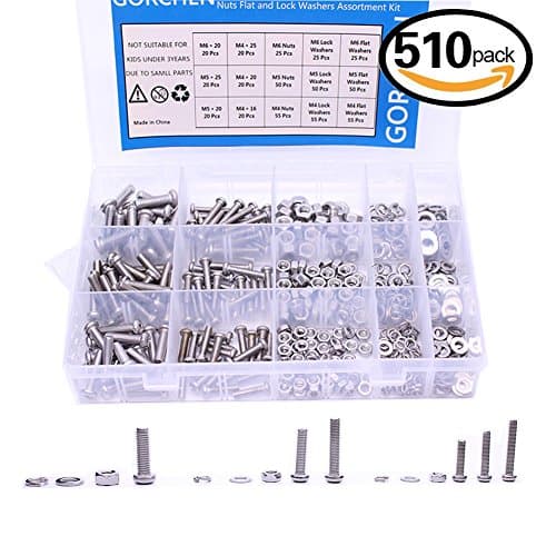 GORCHEN M4 M5 M6 Phillips Pan Head Bolts Screws Nuts Flat and Lock Washers Assortment Kit with Storage Case Box Stainless Steel 510pcs