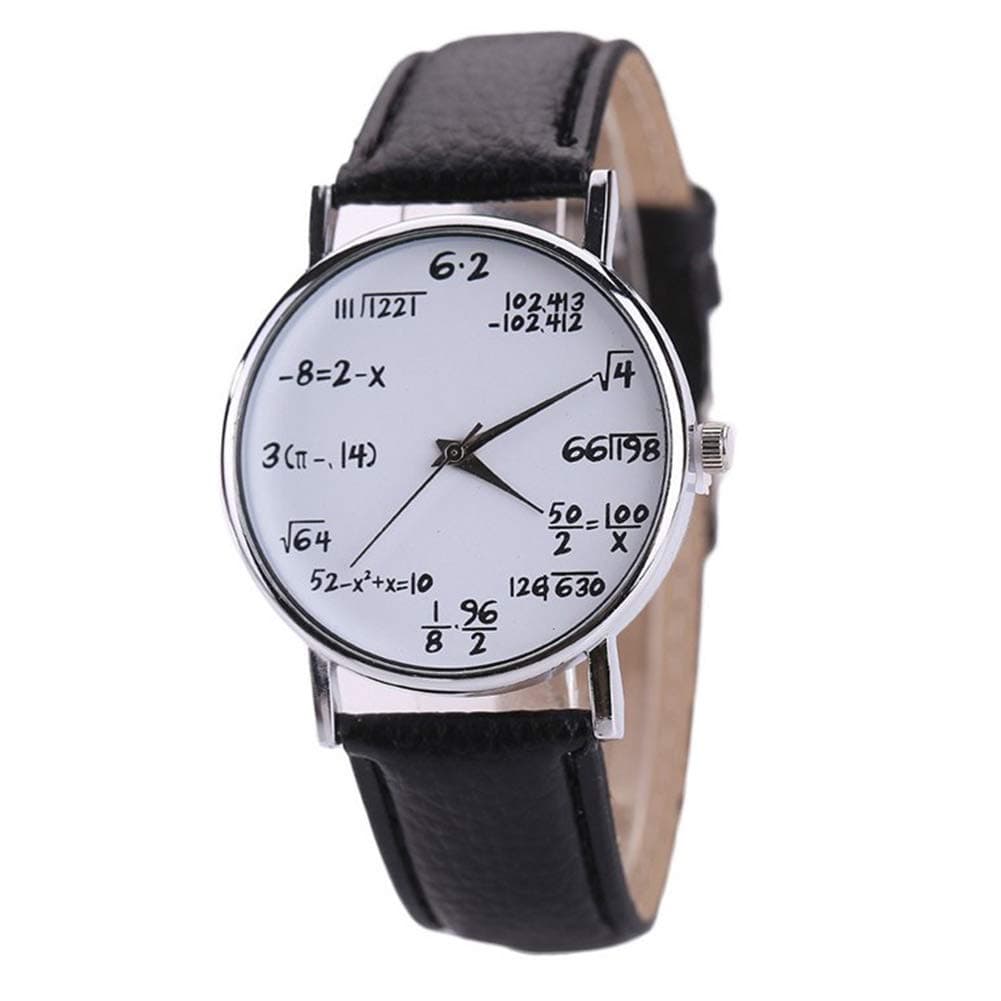 Math Clock Students Watch Student Boys Girls Watch with Math Equations Dial Plate Leather Strap Watch (Black)