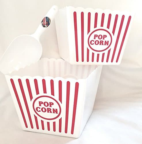 Popcorn Container with Popcorn Scoop, Reusable Plastic Tub Set of 2 and 2 cup Popcorn Scoop