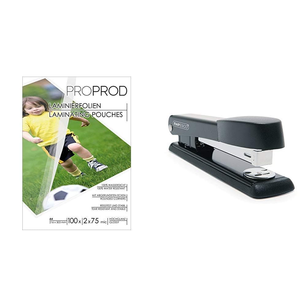 ProProd Premium A4 150 μ Glossy Laminating Pouch (Pack of 100) &Rapesco Stapler R54500B2 - Marlin, 25-sheet capacity. Uses 26 and 24/6mm Staples - Black