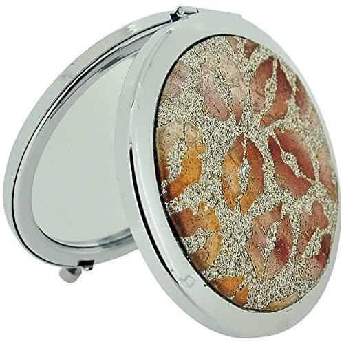 Compact Mirror Silver Plated Gold Glitter & Bronze Lips Print Compact Dual Mirror SC1004