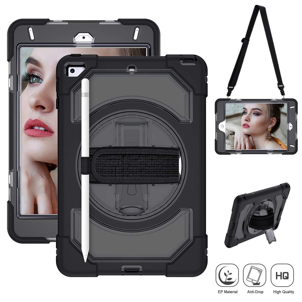 SUPFIVES iPad Mini 5th Generation Case 2019 iPad Mini 4 Shockproof Kid Case Heavy Duty with Adjustable Hand Strap Shoulder Strap Pencil Holder 360 Swivel Stand for iPad Mini 5 and Mini 4 (Black)