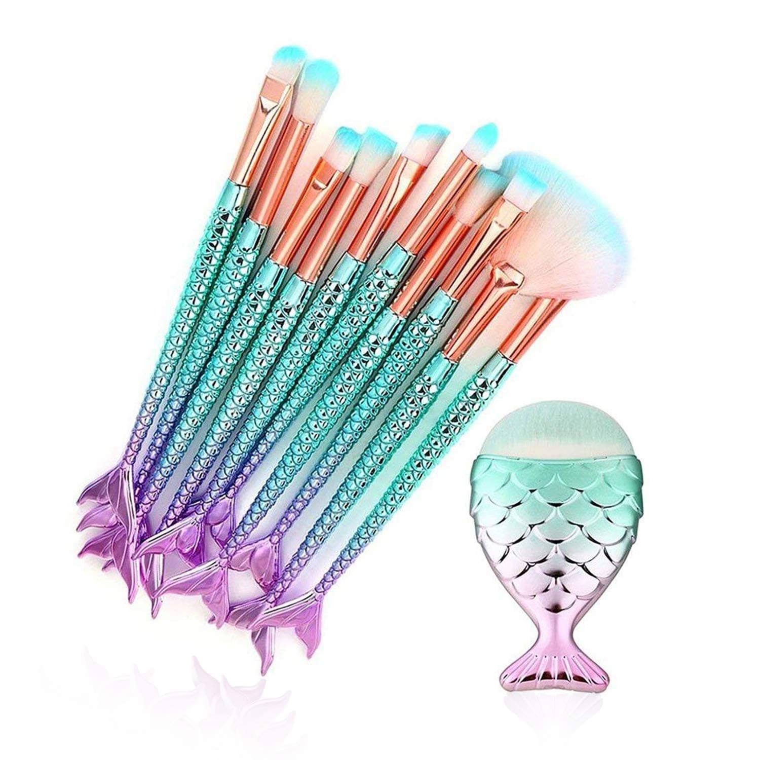 11PCS Fish Tail Makeup Brushes Set, Foundation Eyebrow Eyeliner Blush Cosmetic Concealer Brushes Women Girl Cute Make Up Tool Set (Colorful Mermaid Handle)