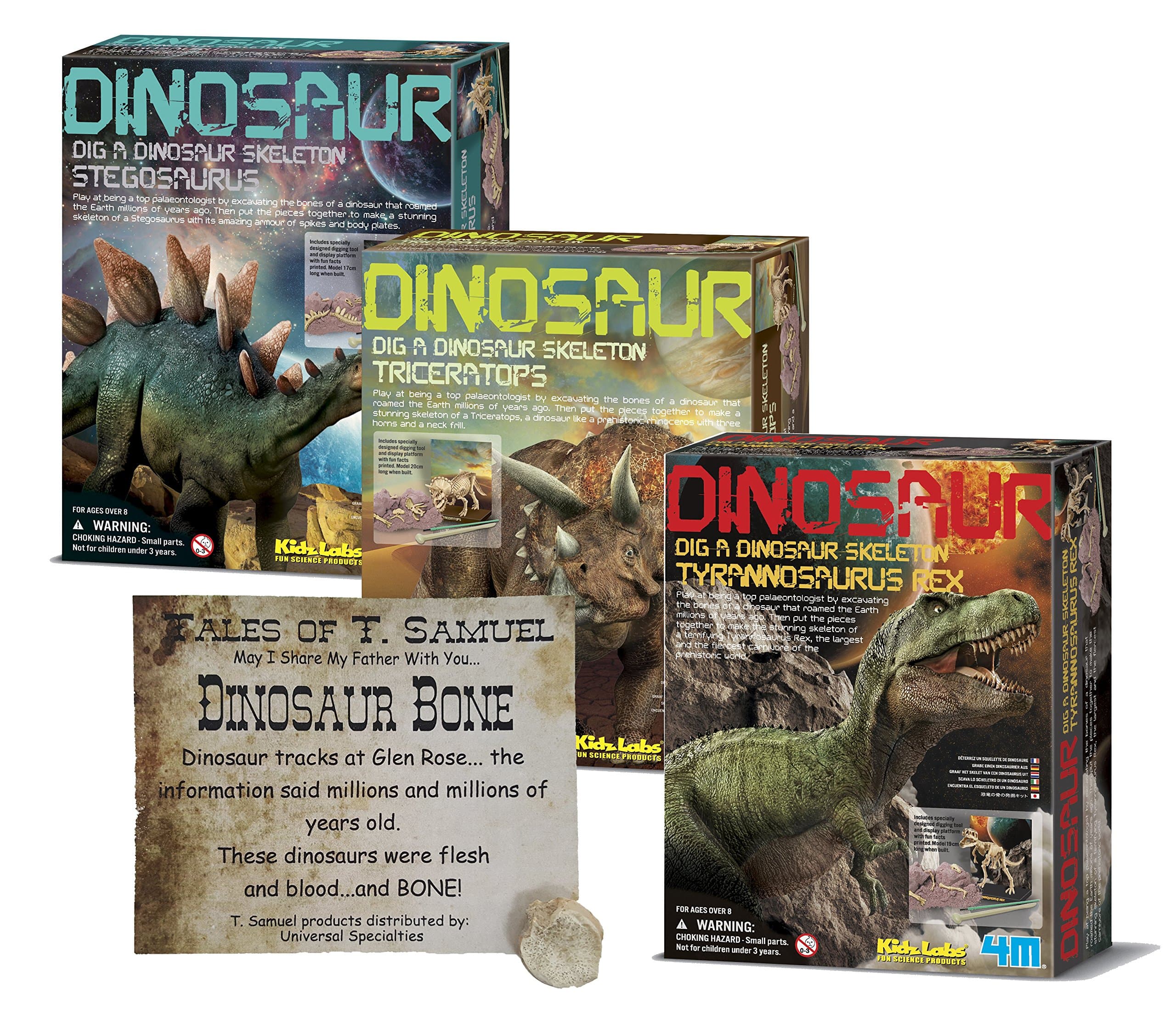 Dig a Dinosaur Excavation Dino Kit T-Rex Stegosaurus and Triceratops Dinosaurs - 3 Pack Includes Authentic Dinosaur Bone!