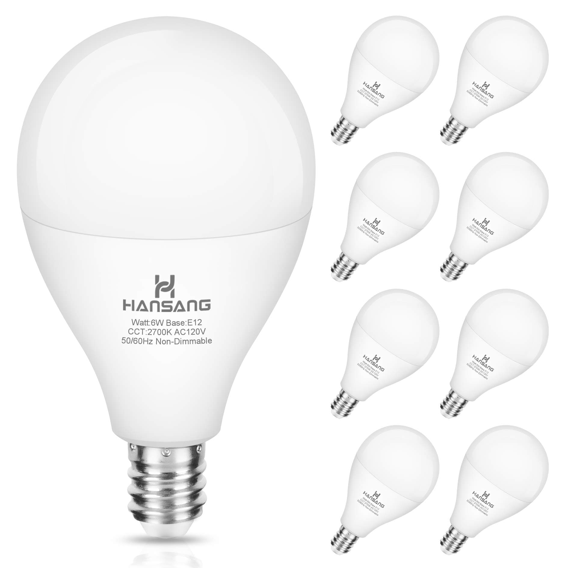hansangE12 LED Ceiling Fan Light Bulbs 60 watt Equivalent, E12 Candelabra Base led Bulbs Warm White 2700K,A15 Small Base LED Light Bulbs for Ceiling Fan,600LM,Non-Dimmable, 8 Pack