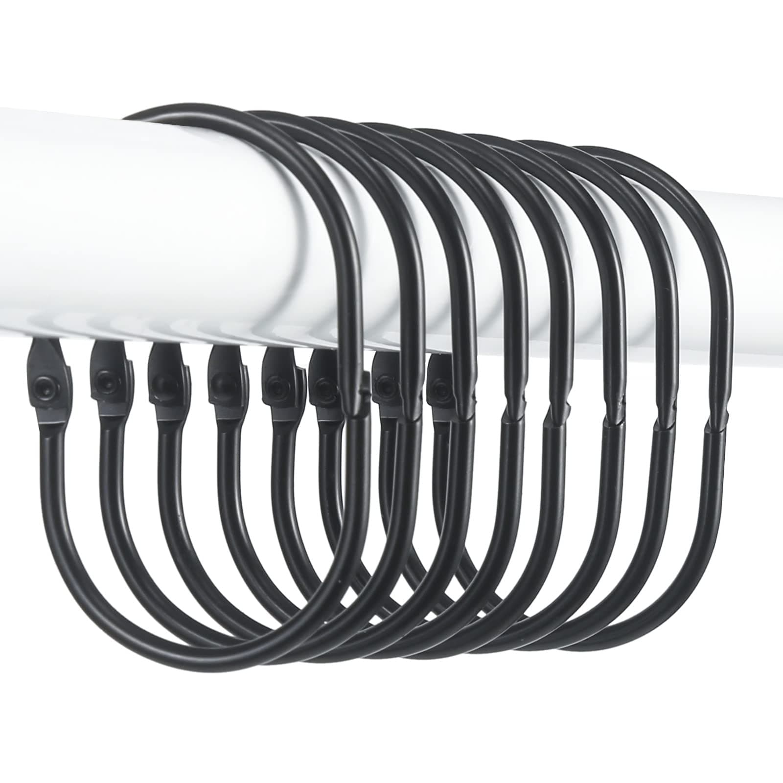Goowin Shower Curtain Hooks, 12 Pcs Shower Curtain Rings Rust Proof Metal Oval Rings Clasp Closed Shower Curtain Rings for Bathroom Shower Rods Curtains(Black)