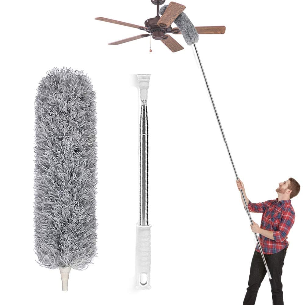 Feather Extendable Telescopic Pole, 100 inches, Microfiber Duster with Washable Bendable Head, for High Ceiling Fans, Blinds, Cobweb, Cars