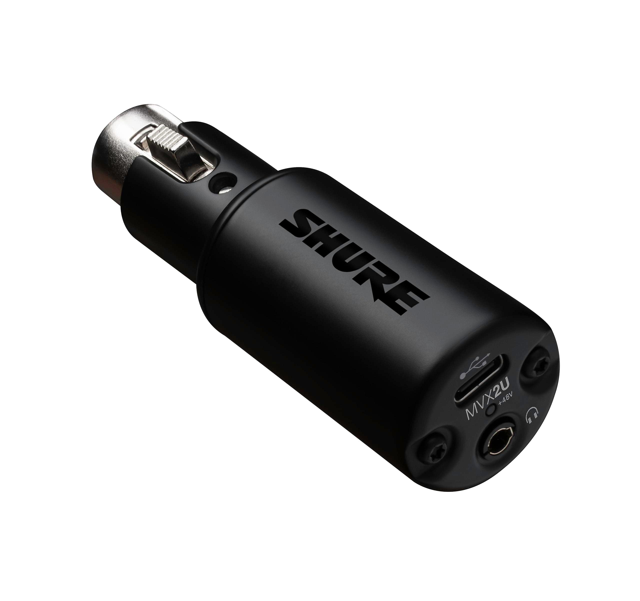 Shure MVX2U XLR-to-USB Digital Audio Interface, Headphone Jack, 60dB Gain, Zero-Latency Monitoring, 48V Phantom Power, ShurePlus App, USB-C Cable