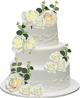 Flower Cake Toppers Boho Cake Toppers White Rose Flowers Leaves Cake Decorations for Girl Women Birthday Wedding Bridal Party Supplies