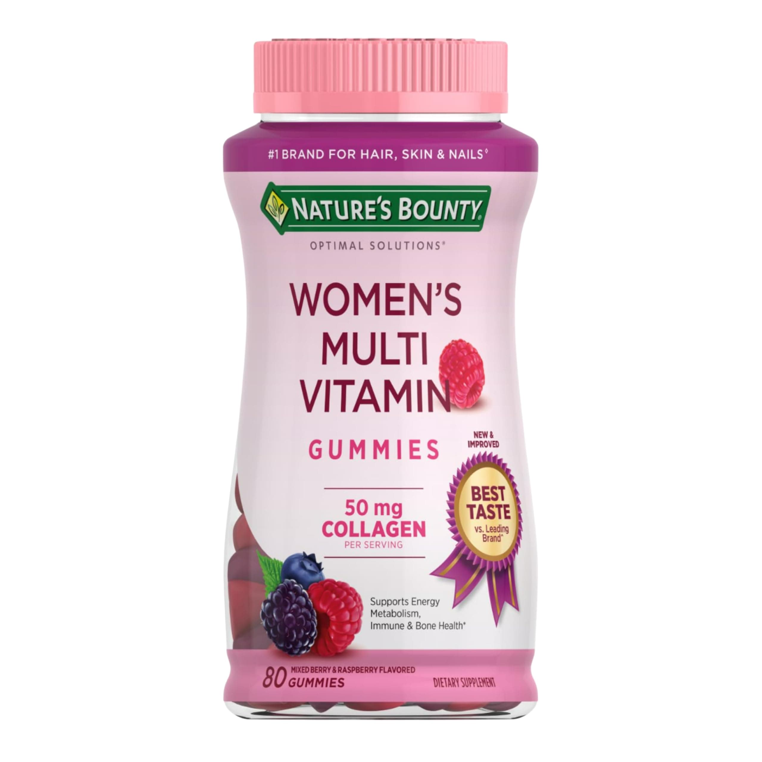 Nature's Bounty Optimal Solutions Women's Multivitamin, Immune and Cellular Energy Support, Bone Health, Raspberry Flavor, 80 Gummies, 40 Total Servings