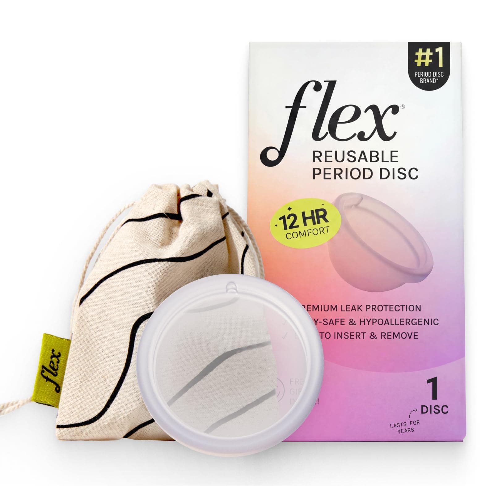 Flex Reusable Disc | Reusable Menstrual Disc | Tampon, Pad, and Cup Alternative | Capacity of 6 Super Tampons | Lasts for Years | Includes Carrying Pouch & 2 Free Disposable Discs