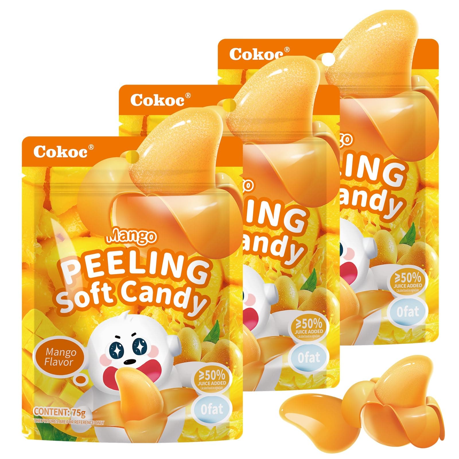 Peelable Gummies Mango,Peeling Gummies Mango Candy,Individual Packaging 2.64oz Bag Fruit Peelable Candy(Pack of 3) Easter Candy Bag