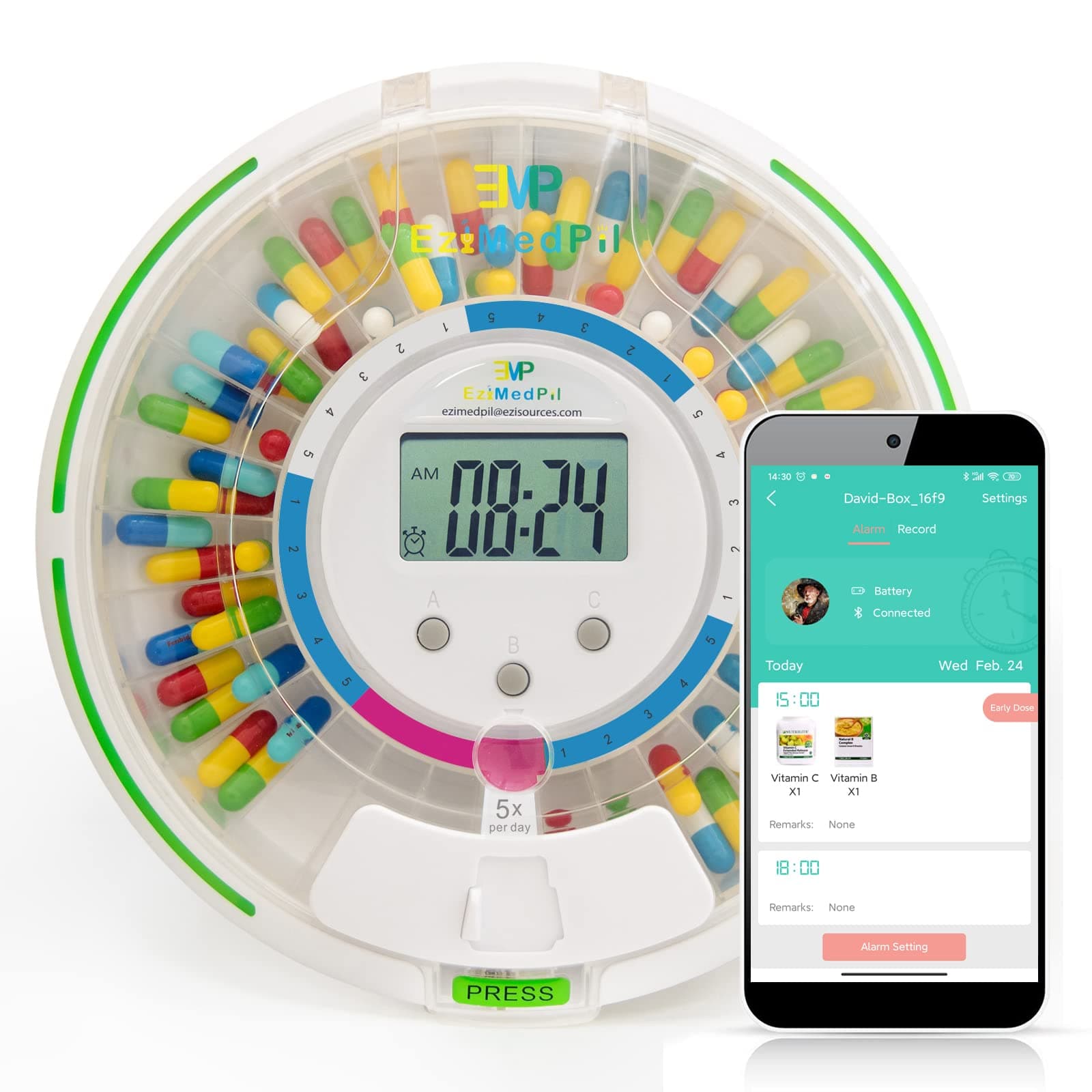 EziMedPil Bluetooth Pill Dispenser w/Audio & Visual & App Alerts, up to 9 Alarms/Day, 9 Dosage Templates, 28-Day Medication Dispenser w/Key for Prescriptions, Vitamins & More, Clear Lid