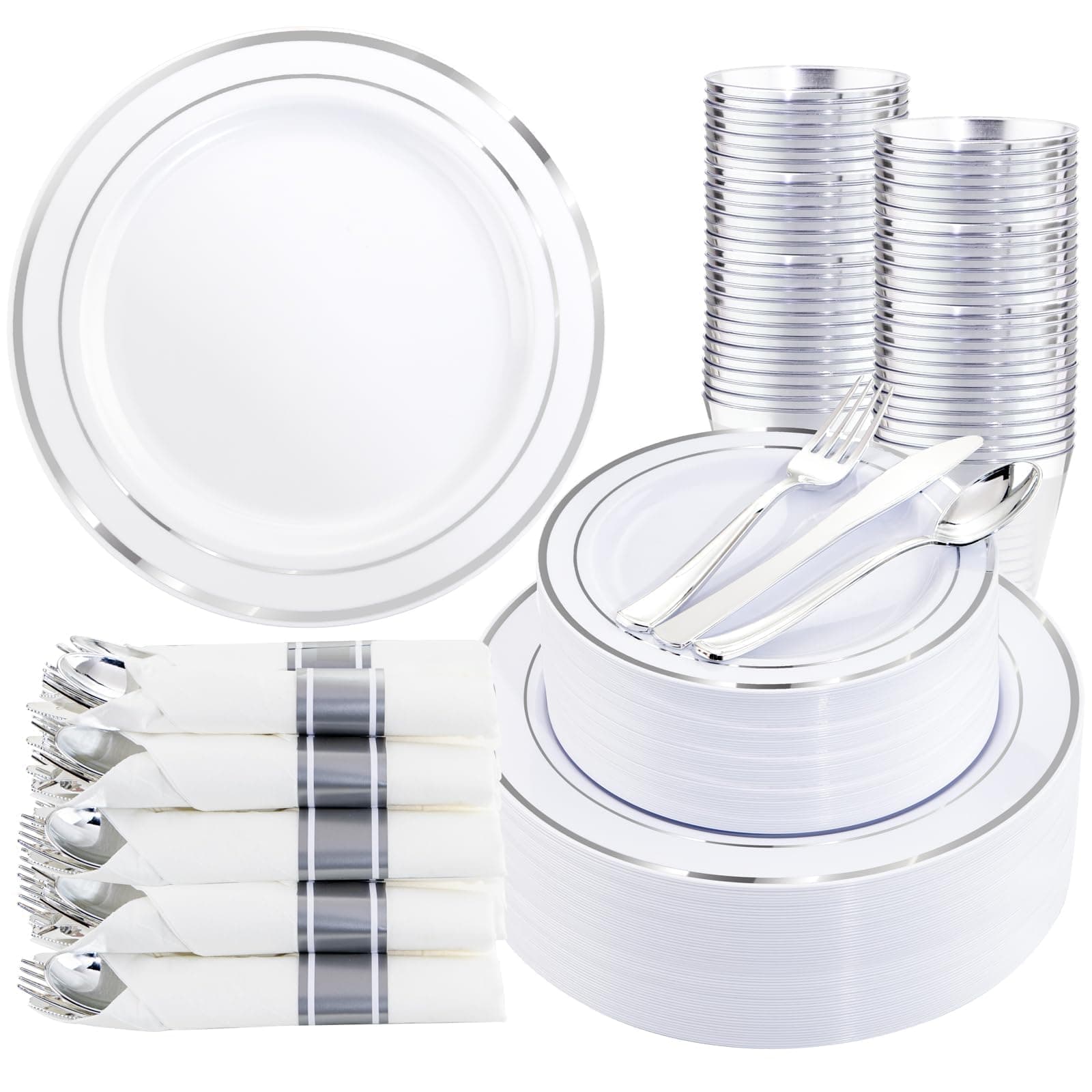 350Piece Silver Plastic Dinnerware Set for 50 Guests - Silver Plastic Plates with Cutlery Include:50Dinner Plates-50Dessert Plates-50Pre Rolled Napkins with Silverware Valentine's Day