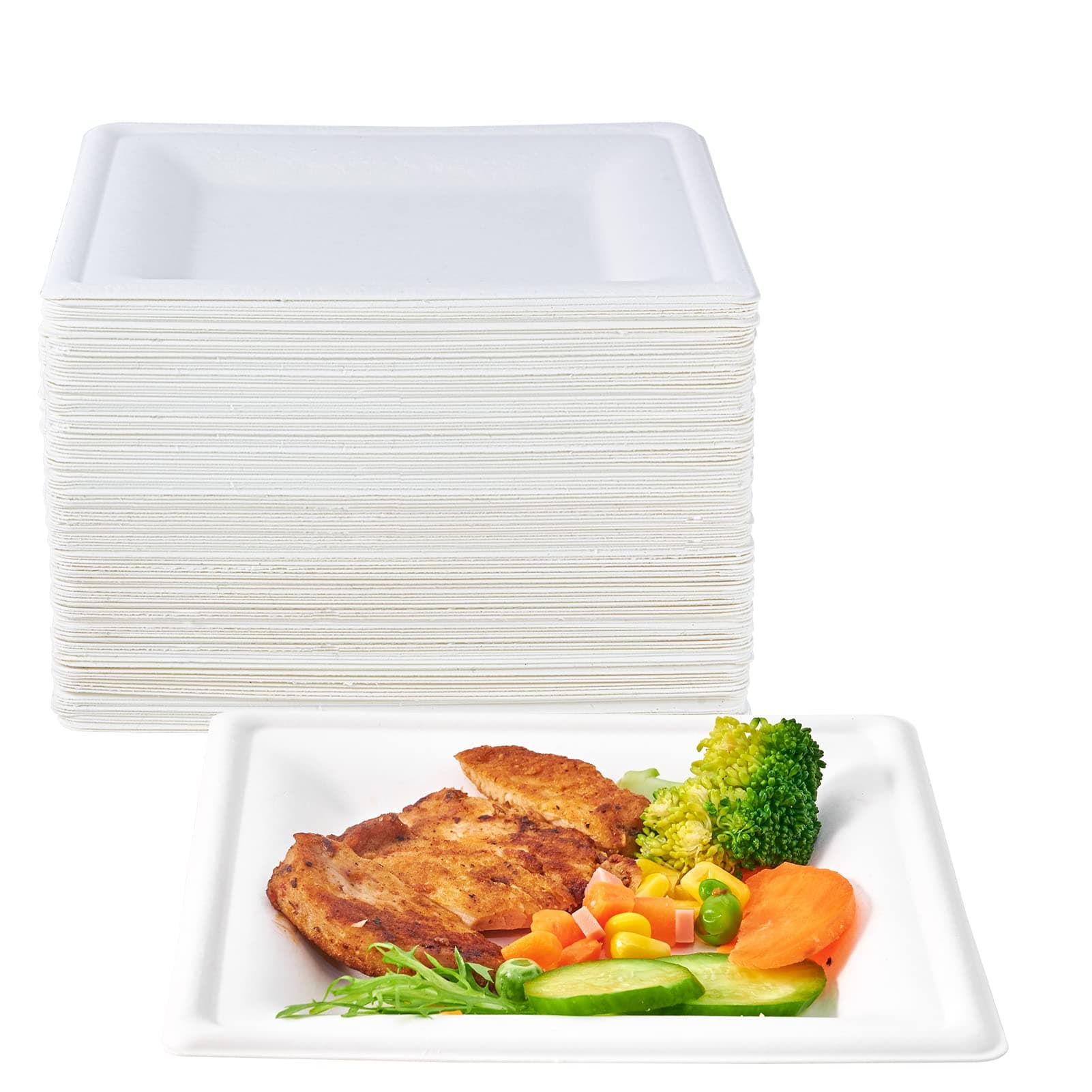 ECOLipak 150 Piecs Compostable Square Plates, 6 inch Eco-friendly Heavy Duty Biodegradable Sugarcane Disposable Paper Plates for Party Dinner Birthday