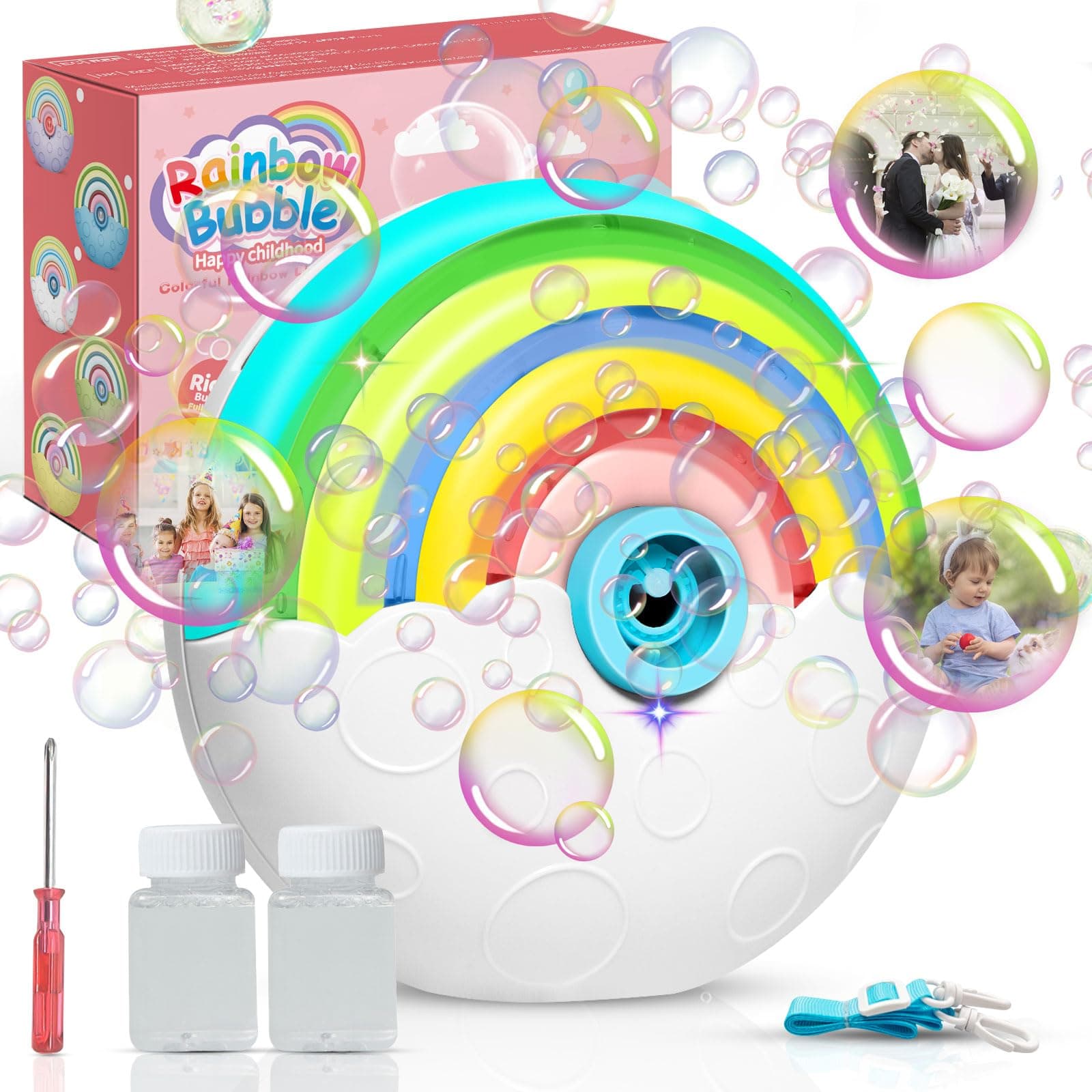 Automatic Rainbow Bubble Blower for Kids, 2000+ Bubbles/Min, Battery-Operated, Quiet Design, Birthday Gifts