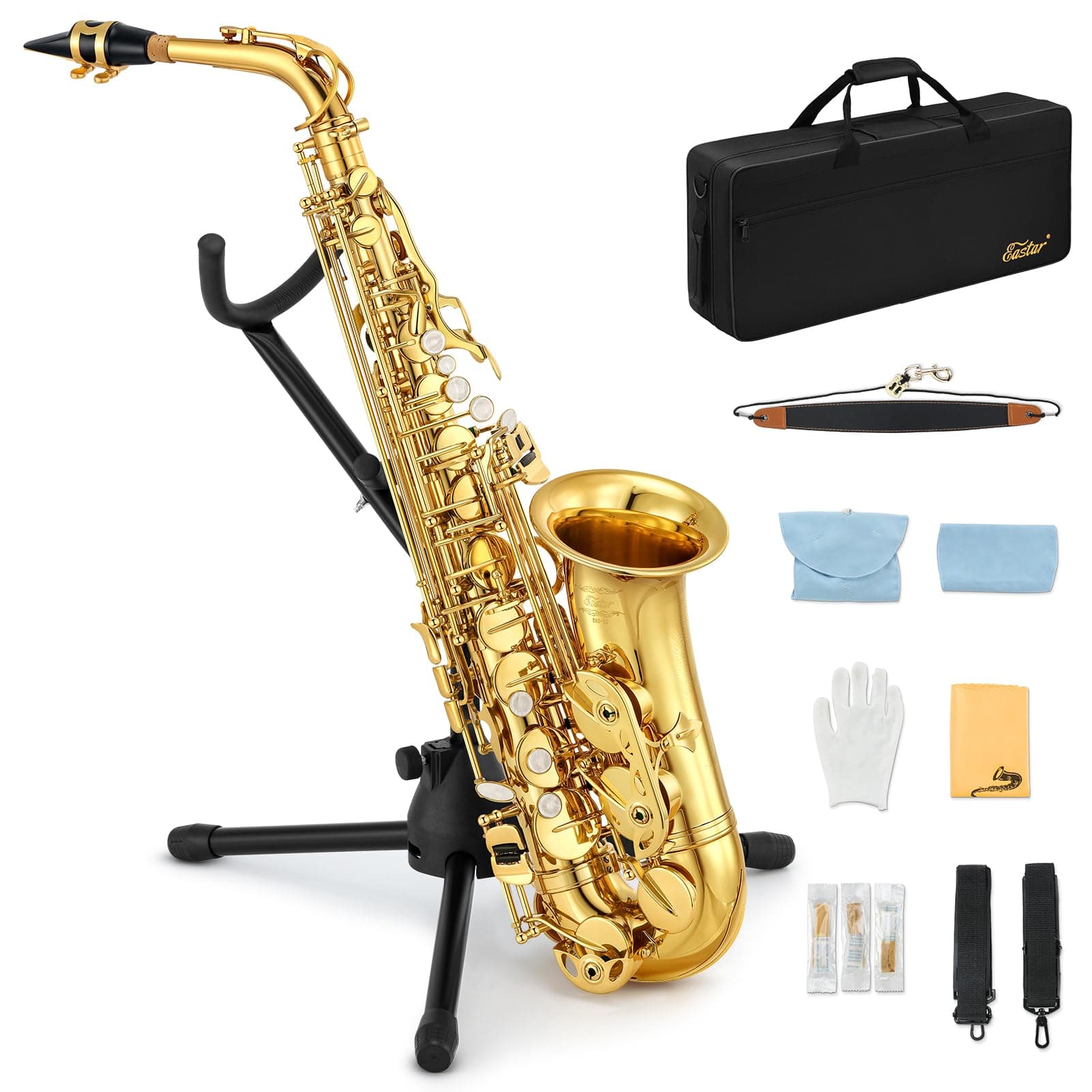 Alto Saxophone E Flat Student Alto Saxophone Gold Lacquer Beginner Saxophone With Cleaning Cloth, Carrying Case, Mouthpiece, Neck Straps,Cork Grease, Reeds and Stand, Saxophone Full Kit, AS-Ⅱ
