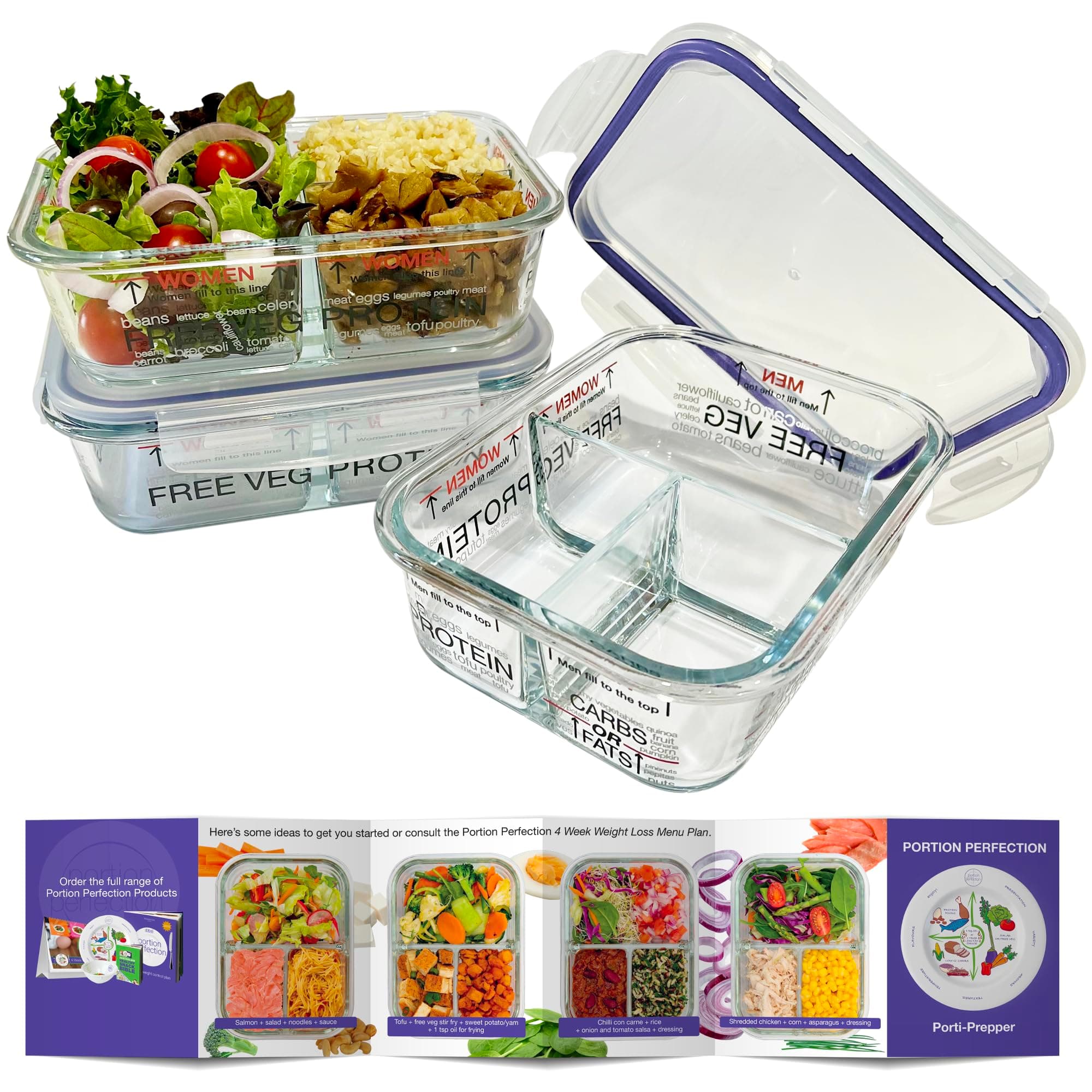 Portion Control Containers - Glass Oven Ready, Freezer Safe Meal Prep Containers Reusable for Food 3pk, 3 Compartment with Lids, Practical Weight Control Products