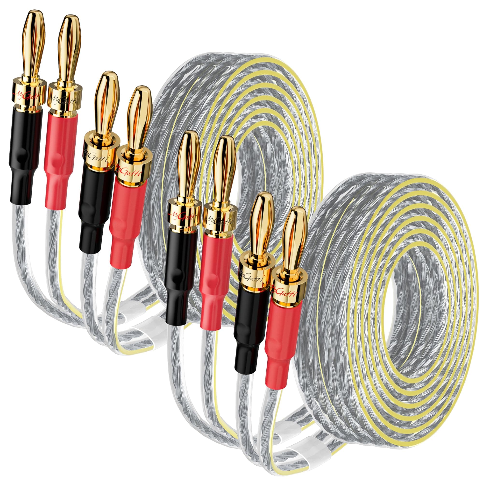 2 Pack 16/2 Speaker Flat Wire Cable with Banana Tip Plugs 10 FT, 16 Gauge AWG Wire, Tinned OFC Copper, Transparent Jacket with Yellow Polarity Marker, for Indoor & Outdoor, Hi-Fi
