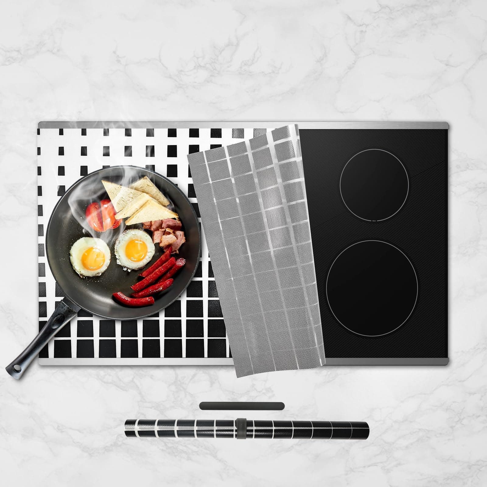 Checkered Large Induction Hob Protector Mat, Advanced Silicone Cover for Induction Hobs - (Magnetic) Cooktop Scratch Protector for Induction Stove (78x52cm, Black_ White)