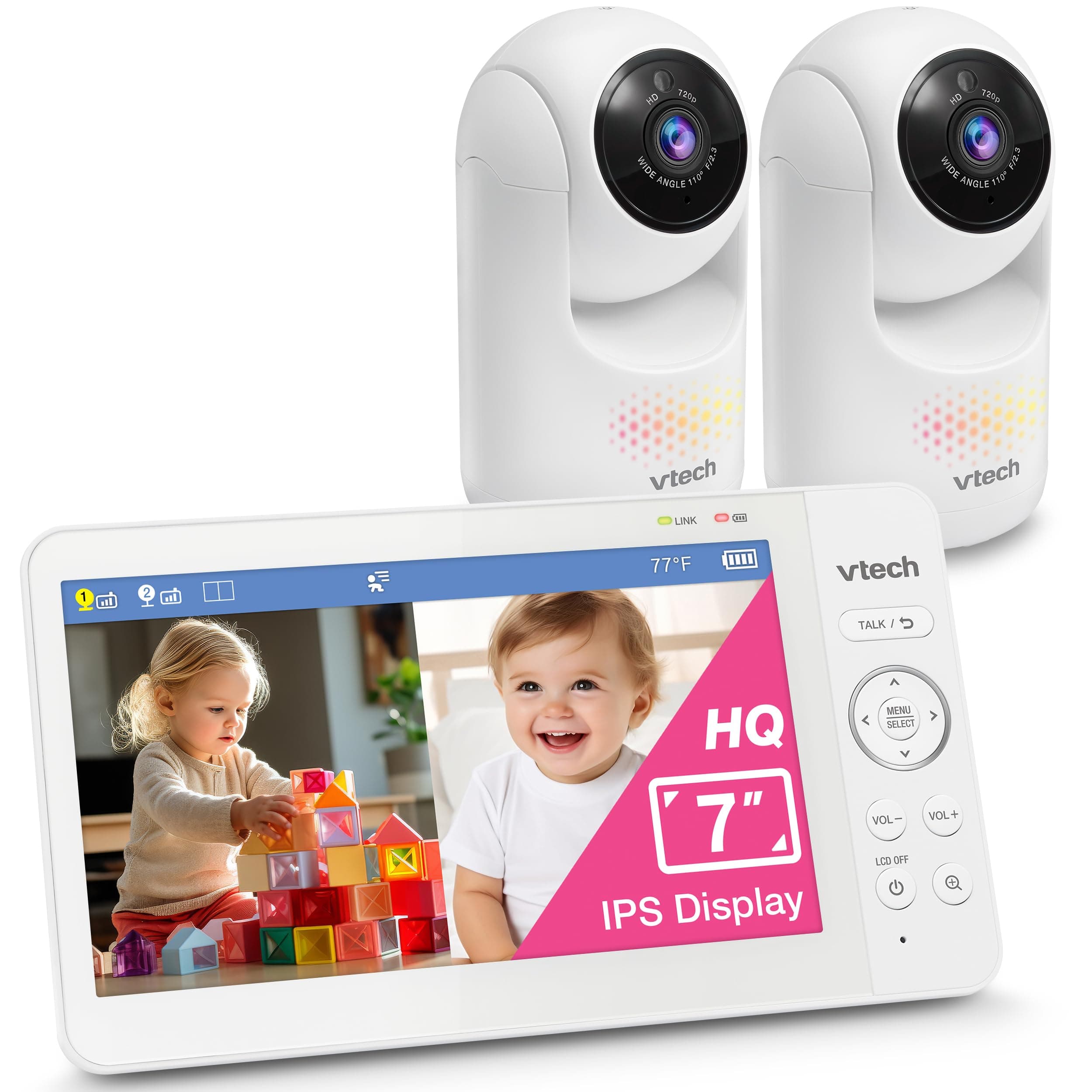 Advanced HQ Max Twin 7" Digital Video 2-Cameras Baby Monitor with Pan Tilt Zoom, Long Battery Life 5000mAh, IPS Screen, Adaptive Multi-Color Night Light, 2-Way Talk, HQ Display, No WiFi, White