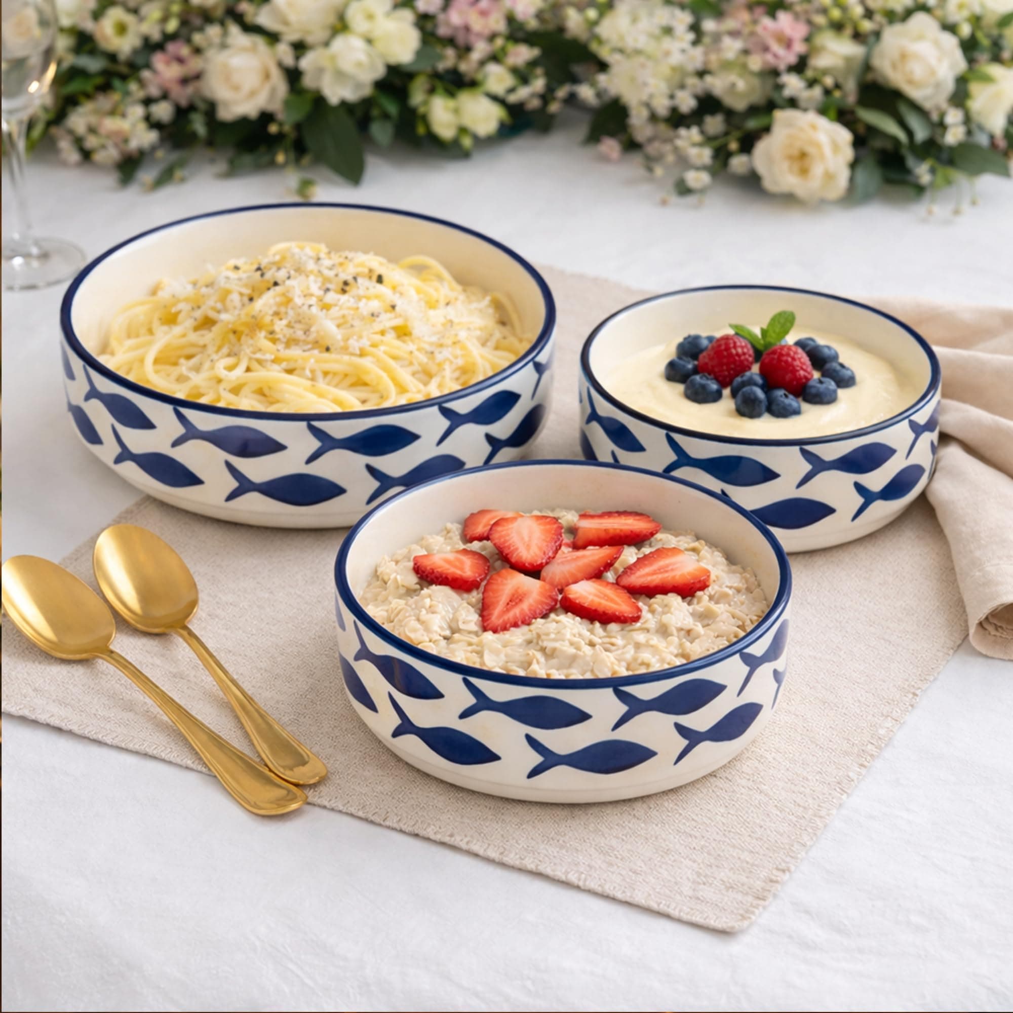 - Premium Ceramic Salad Bowl - Deep Ceramic Plates- Serving Snacks Plate/Platter - Set of 3- Different Sizes (5.5 inch, 6.5 inch, 7.5 inch), Blue Fish Pattern | Wedding Gift for friends